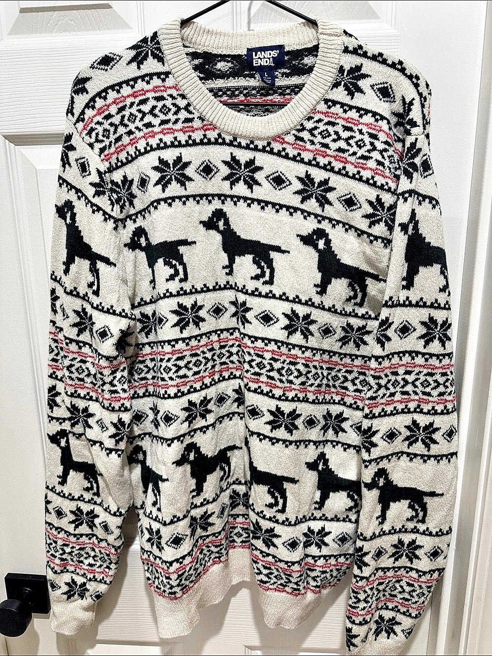 Lands' End Fair Isle Dog Sweater Cream & Black Size Large Like New